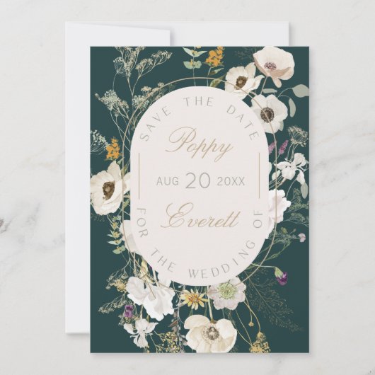 Emerald & Cream Poppy Floral Save The Date Card セーブザデート (正面)