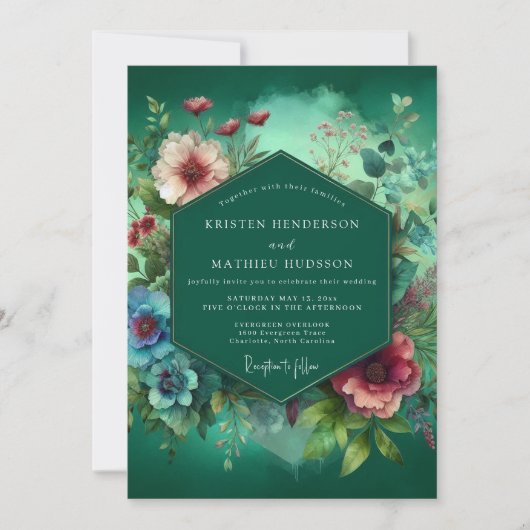 Emerald Deep Floral Opulence Wedding 招待状 (正面)