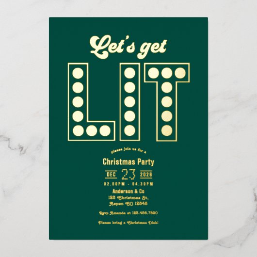 Emerald Elegance Get Lit Retro Christmas Party 箔招待状 (正面)