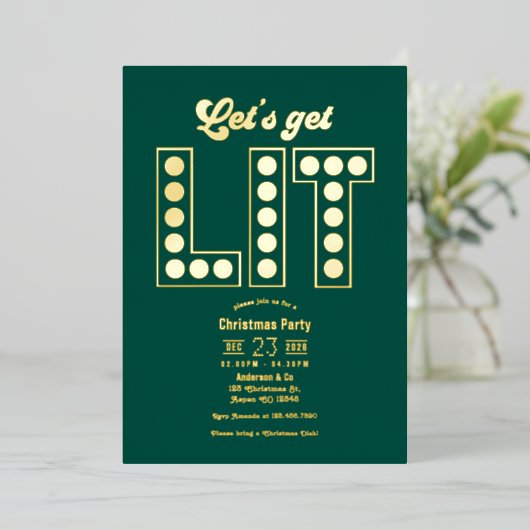 Emerald Elegance Get Lit Retro Christmas Party 箔招待状 (立ち正面)