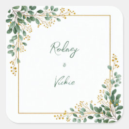 Emerald Eucalyptus Gold Berry Frame Wedding スクエアシール