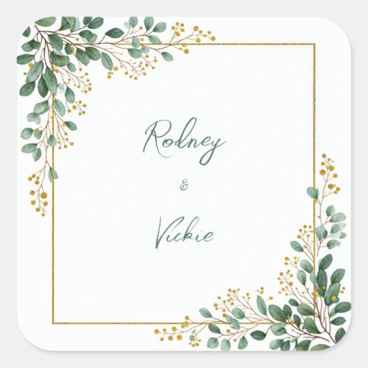 Emerald Eucalyptus Gold Berry Frame Wedding スクエアシール (正面)