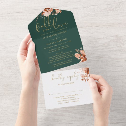 Emerald Fall In Love フラワーモチーフの結婚式RSVP オールインワン招待状 (貼ってはがせる)