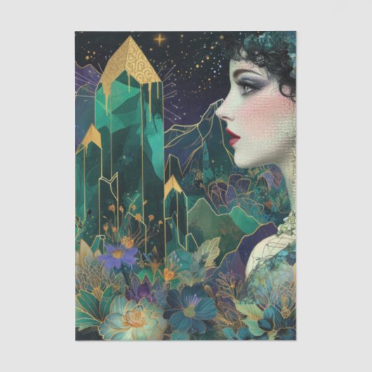 Emerald Fantasy Woman Crystals Florals Decoupage 薄葉紙 (正面)