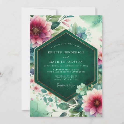 Emerald Floral Bloom Wedding 招待状 (正面)