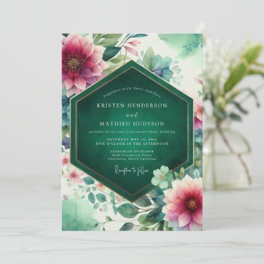 Emerald Floral Bloom Wedding 招待状 (スタンド正面)