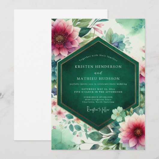 Emerald Floral Bloom Wedding 招待状 (正面/裏面)