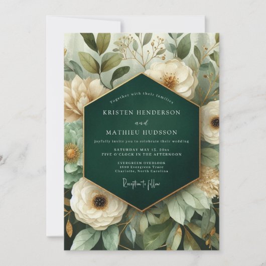 Emerald Floral Elegance Wedding 招待状 (正面)
