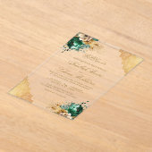 Emerald Floral Gold Lace Muslim Wedding アクリル招待状 (レイダウン)