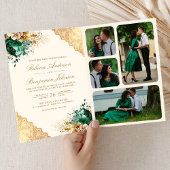 Emerald Floral Gold Lace QR code Cream Wedding 招待状