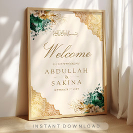 Emerald Floral Gold Muslim Wedding Welcome ポスター