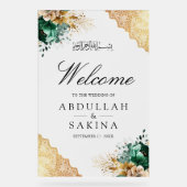 Emerald Floral Gold Muslim Wedding Welcome Frosted アクリルサイン (正面)