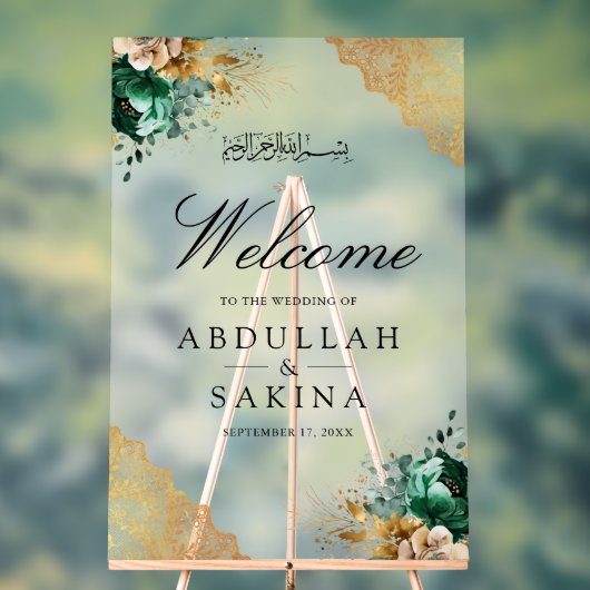 Emerald Floral Gold Muslim Wedding Welcome Frosted アクリルサイン (ニュートラル)