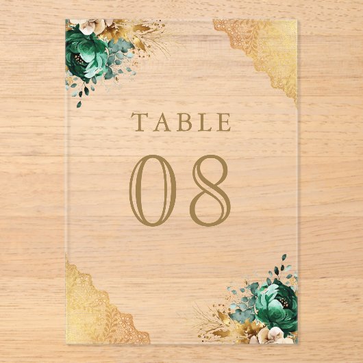 Emerald Floral Lace Wedding Acrylic Table Number アクリル招待状 (正面)