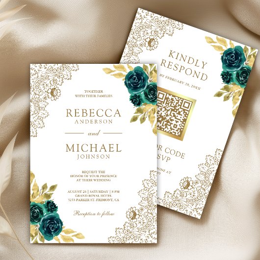 Emerald Floral White Gold Lace QR Code Wedding 招待状