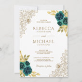 Emerald Floral White Gold Lace QR Code Wedding 招待状 (正面)
