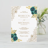 Emerald Floral White Gold Lace QR Code Wedding 招待状 (スタンド正面)