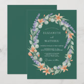 Emerald Floral Wreath Romance Wedding 招待状 (正面/裏面)