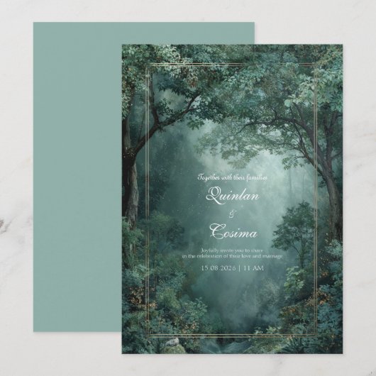 Emerald Forest Gold Frame Misty Woodland 招待状 (正面/裏面)