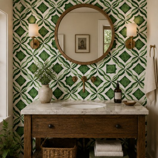 Emerald Garden Watercolor Green Geometric Mosaic  タイル