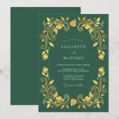 Emerald Gilded Blossom Romance Wedding 招待状 (正面/裏面)