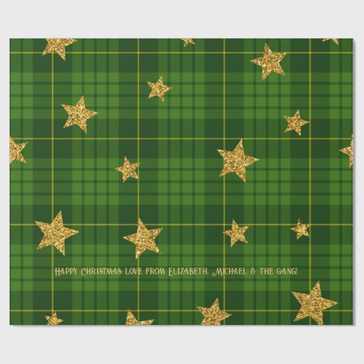 Emerald Glow Tartan Gold Star Personalized Xmas ラッピングペーパー (フラット)