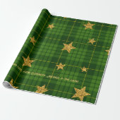 Emerald Glow Tartan Gold Star Personalized Xmas ラッピングペーパー (アンロールド)