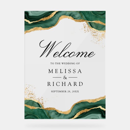 Emerald Gold Abstract Ink Wedding Welcome アクリルサイン (正面)