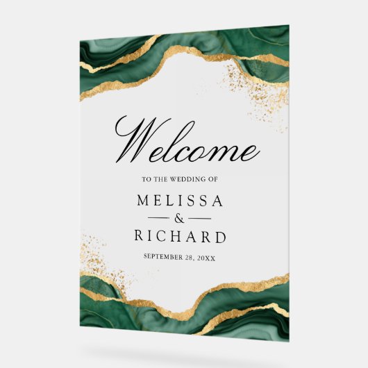 Emerald Gold Abstract Ink Wedding Welcome アクリルサイン (傾斜)