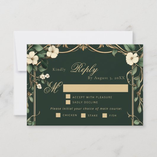 Emerald Gold Art Nouveau wedding meal choice RSVP (正面)