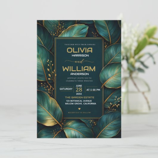 Emerald Gold Botanical Luxury Green Leaf 招待状 (スタンド正面)
