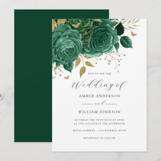 Emerald Gold Floral Rose Wedding   招待状 (正面/裏面)