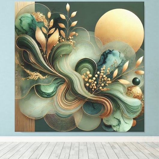 Emerald Gold Harmony Abstract Botanical Canvas Art キャンバスプリント (インサイチュ (ウッドフロア))