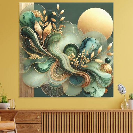 Emerald Gold Harmony Abstract Botanical Canvas Art キャンバスプリント (インサイチュ (リビング))