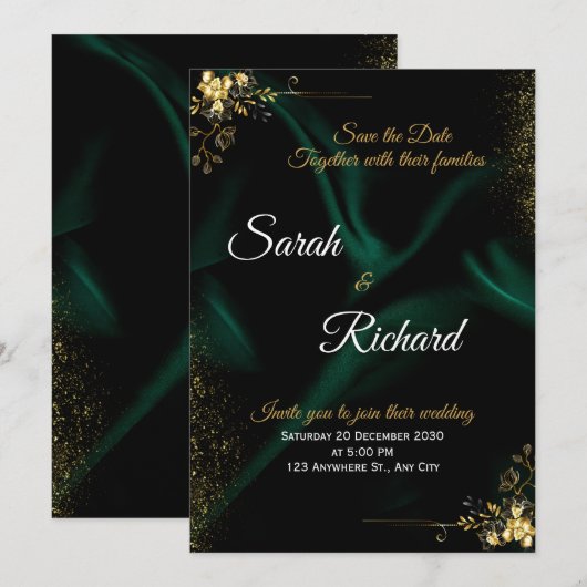 Emerald Gold Luxury Wedding Invitation 招待状 (正面/裏面)