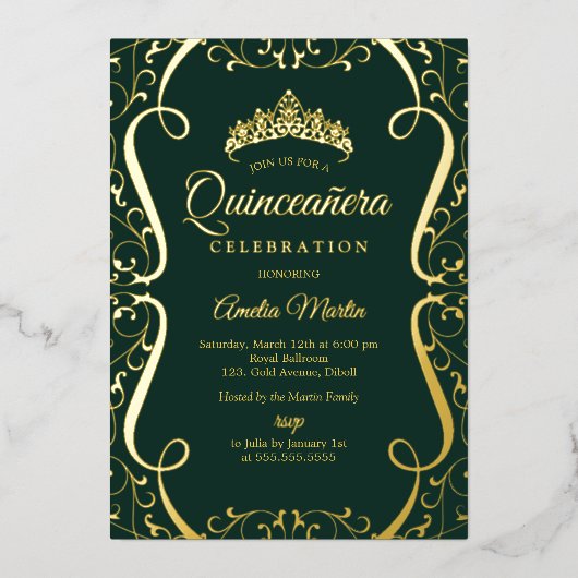 Emerald Gold Swirl Elegant Quinceanera  箔招待状 (正面)