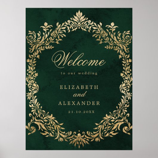 Emerald Gold Victorian Ornate Wedding Welcome ポスター (正面)