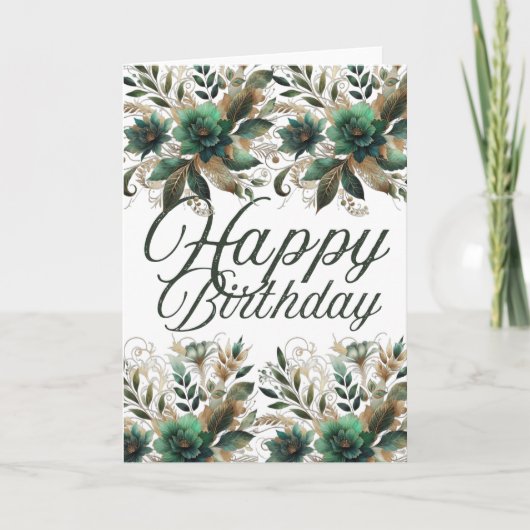 Emerald Gold Watercolor Floral Happy Birthday Gree カード (正面)