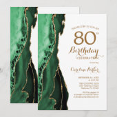 Emerald Green Agate Gold 80th Birthday 招待状 (正面/裏面)