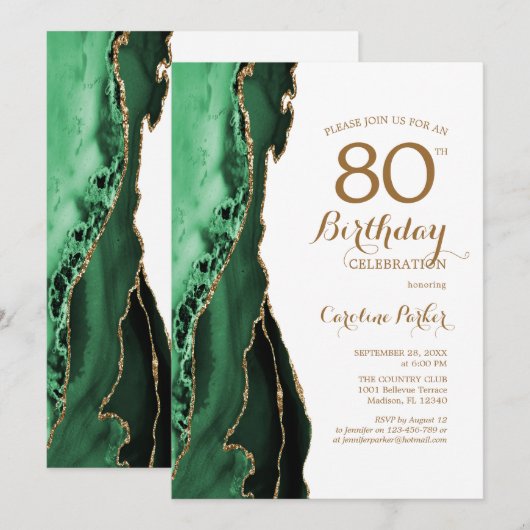 Emerald Green Agate Gold 80th Birthday 招待状 (正面/裏面)