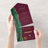 Emerald Green Agate Gold Burgundy QR Code Wedding オールインワン招待状 (貼ってはがせる)