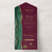 Emerald Green Agate Gold Burgundy QR Code Wedding オールインワン招待状 (内側)