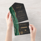 Emerald Green Agate Gold Dark QR Code Wedding オールインワン招待状 (貼ってはがせる)