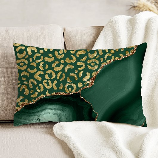 Emerald Green Agate Gold Glitter Leopard Spots アクセントクッション
