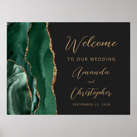 Emerald Green Agate Gold Script Wedding Welcome ポスター (正面)
