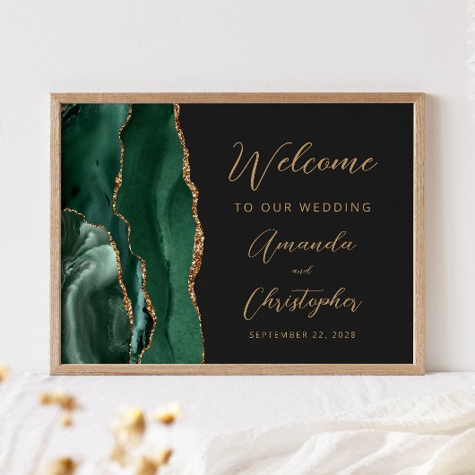 Emerald Green Agate Gold Script Wedding Welcome ポスター