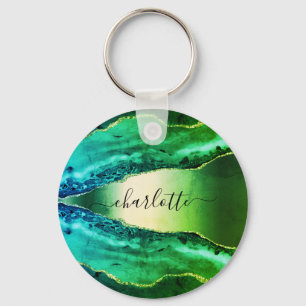 Emerald green agate marble name script キーホルダー
