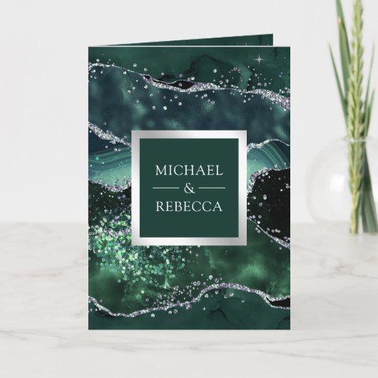 Emerald Green Agate Marble QR Code Wedding 招待状 (正面)
