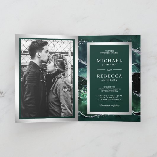 Emerald Green Agate Marble QR Code Wedding 招待状 (内部)