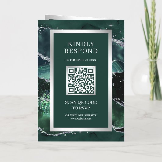 Emerald Green Agate Marble QR Code Wedding 招待状 (裏面)